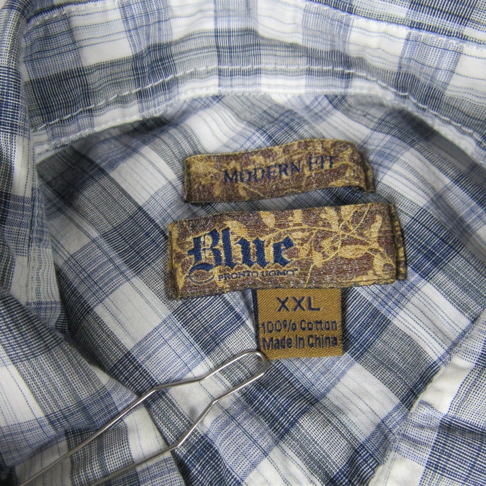 Blue Pronto Uomo Mens XXL Blue Plaid Modern Fit Cotton Button Down Shirt - Picture 7 of 14